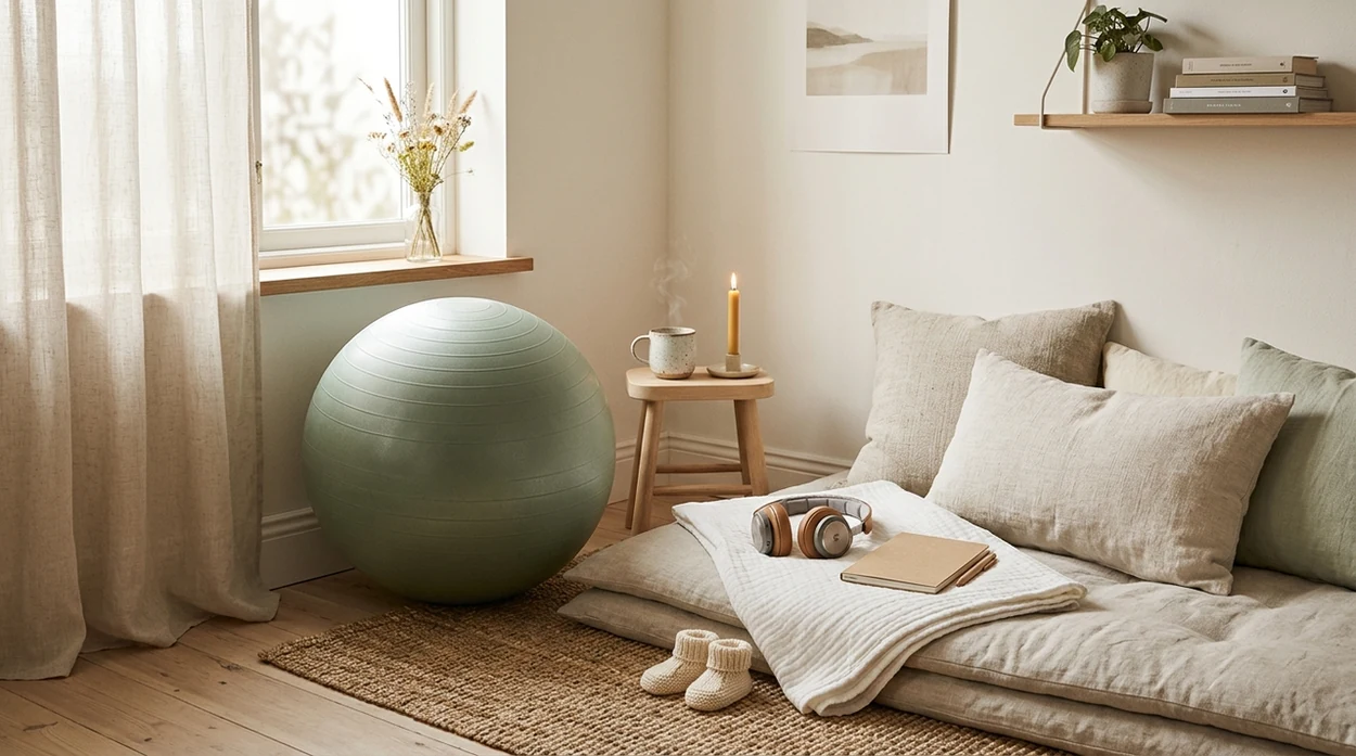A peaceful pregnancy relaxation corner with a birth ball, headphones, cushions, and baby socks in soft morning light.