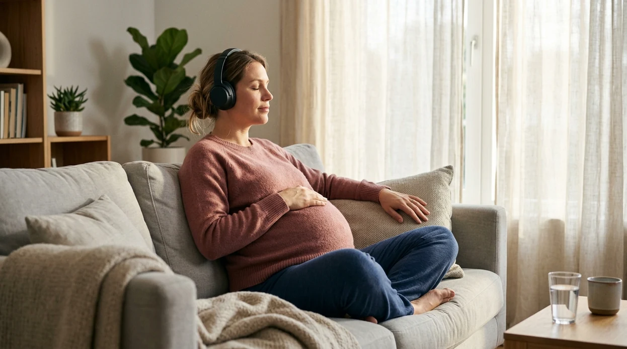 A pregnant person practices calm breathing with headphones while resting on a sofa by a bright window.
