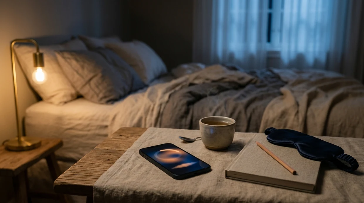 A calm bedside setup with a glowing phone, journal, tea, and soft bedding for evening meditation.