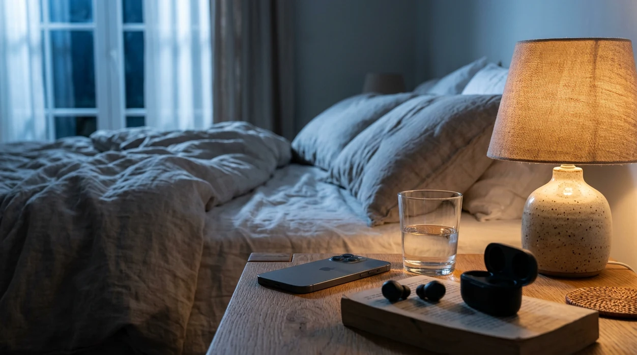 A calm nighttime bedside scene with a face-down phone, low light, blanket, and phone for guided audio.