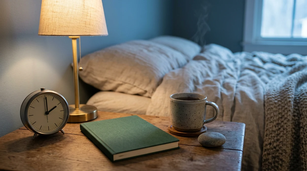 A quiet bedside table with a clock, tea, notebook, and grounding stone in soft dawn light.