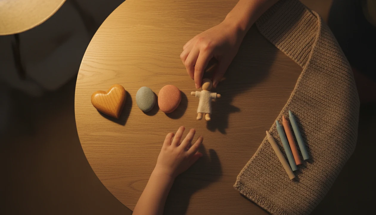 Adult and child hands arrange simple kindness objects on a warm table at bedtime.