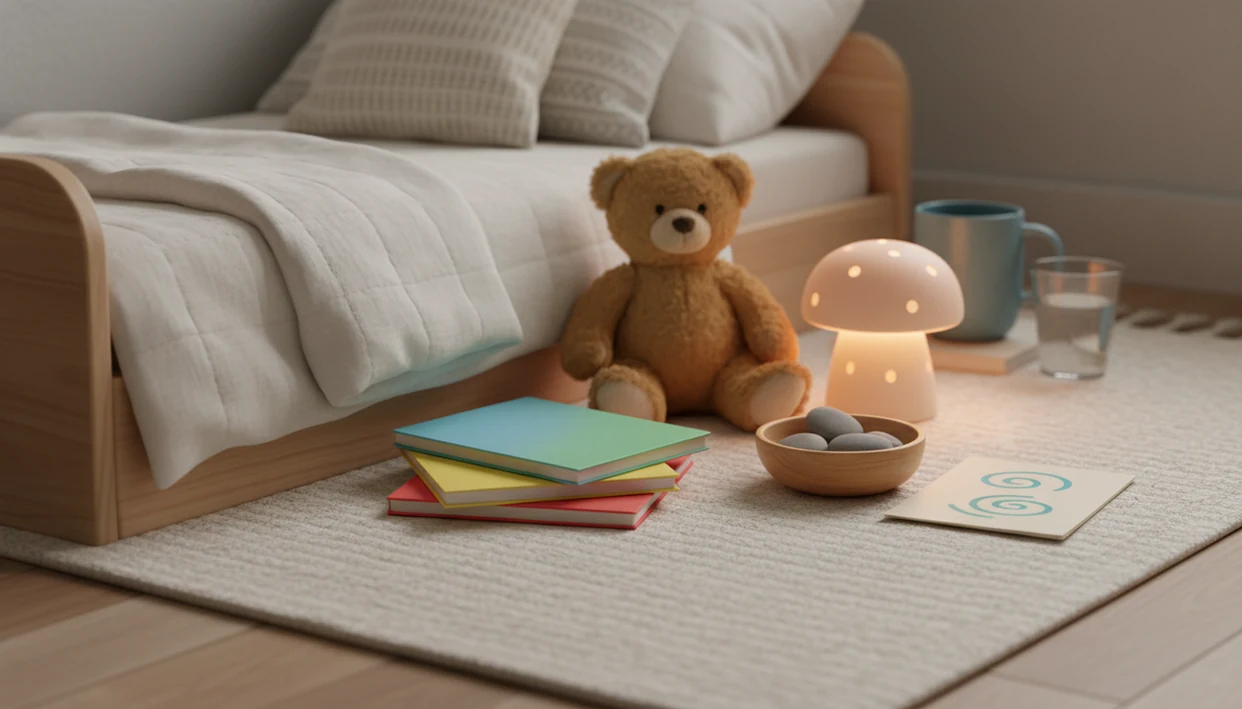 A calm bedtime reading setup with children’s books, a plush toy, a night-light, and simple calming objects.