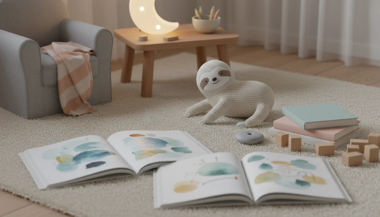 A cozy children’s reading corner with picture books, a plush toy, crayons, and soft bedtime lighting.