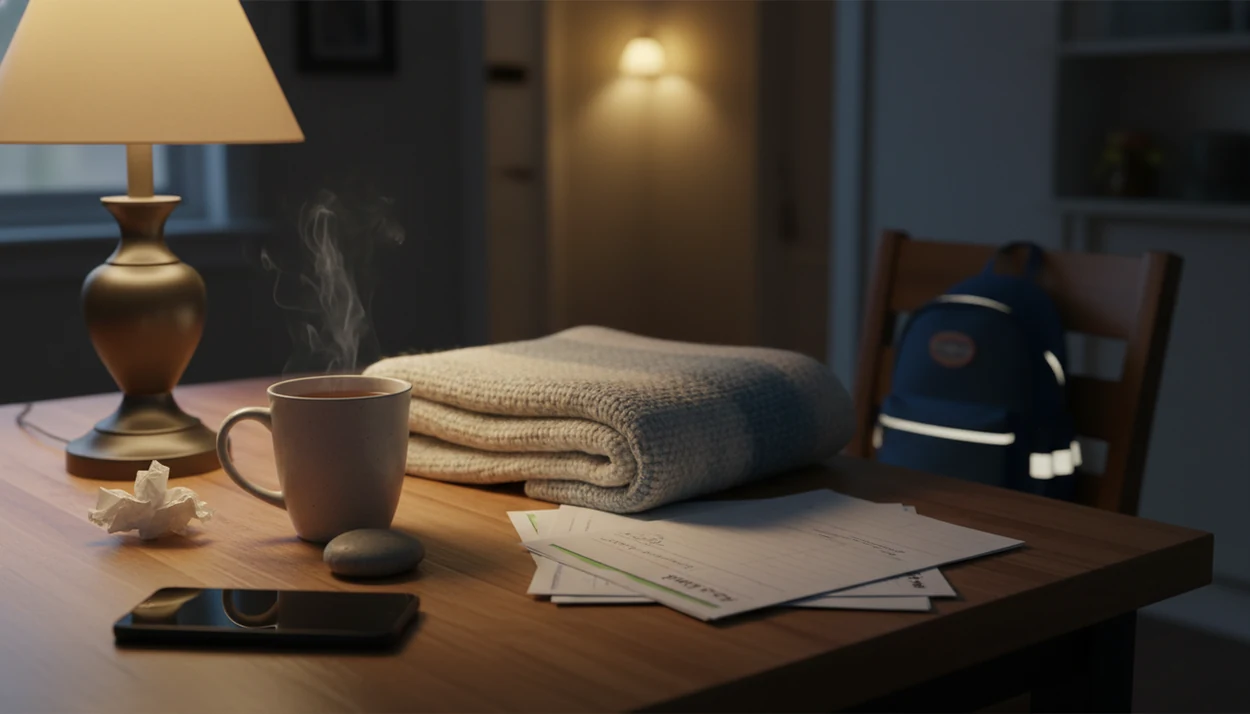 A quiet nighttime kitchen table with tea, tissues, homework, and a phone set aside for a calm pause.