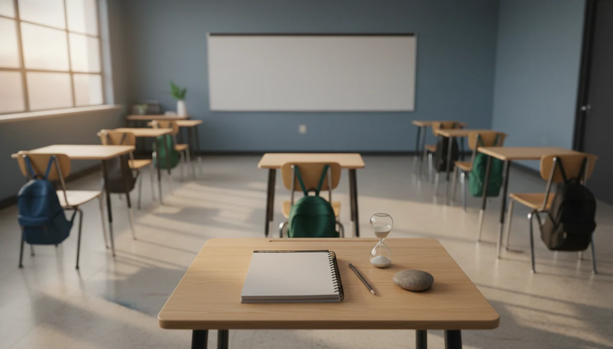An empty high school classroom set up with desks, notebooks, and a sand timer for a calm mindfulness routine.
