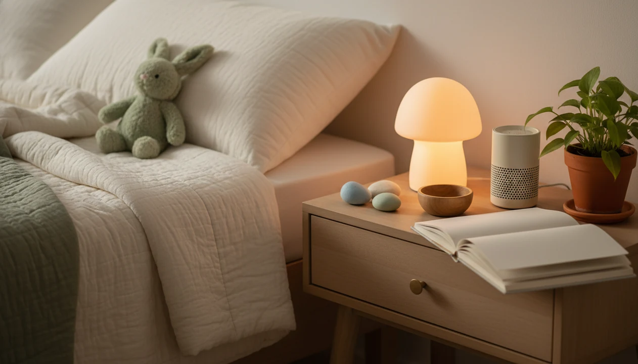 A cozy child’s bedside setup with a plush toy, nightlight, gratitude stones, and a small audio speaker.
