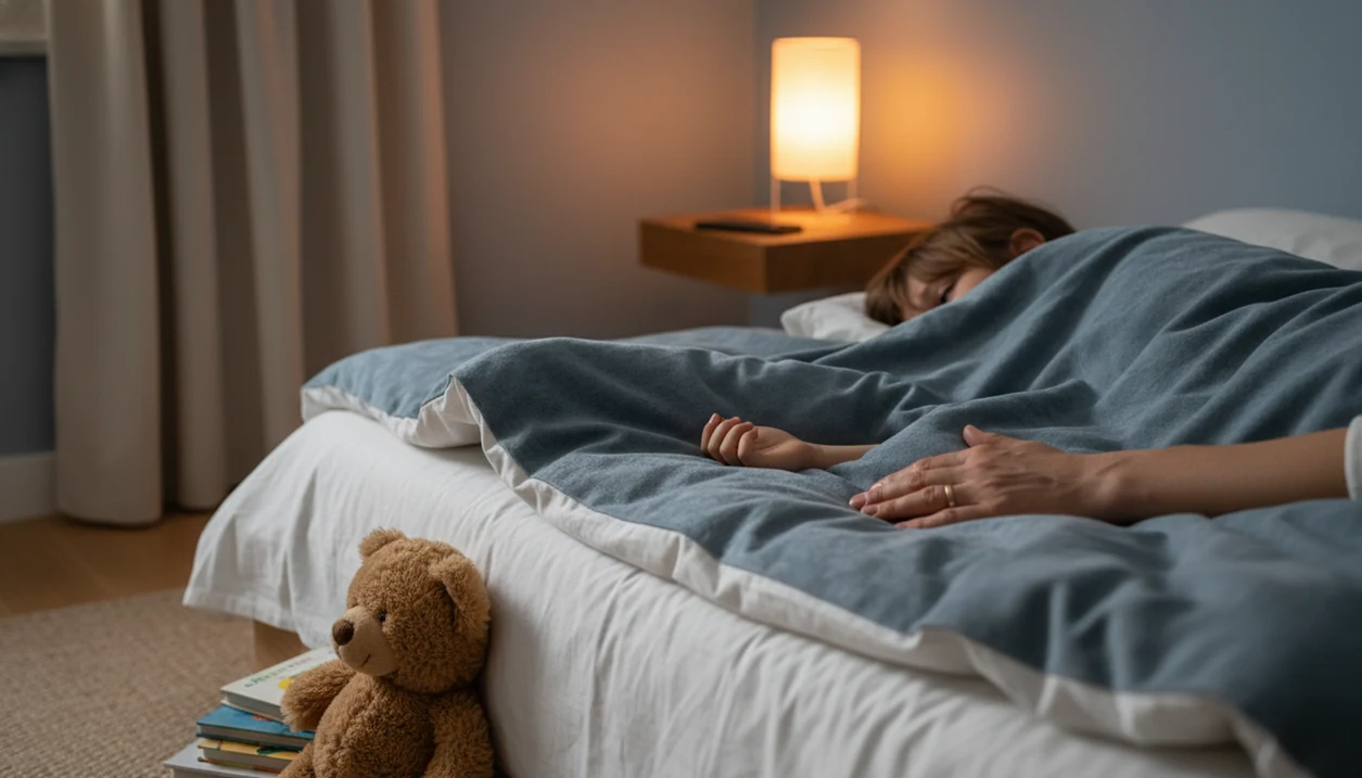 A child rests in bed while a parent’s hand offers reassurance in a softly lit bedtime room.
