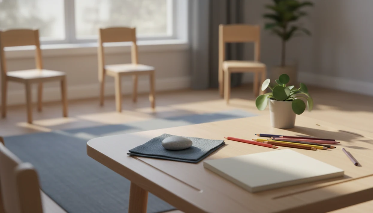 A calm classroom corner with grounding objects on a desk and soft morning light through a window.