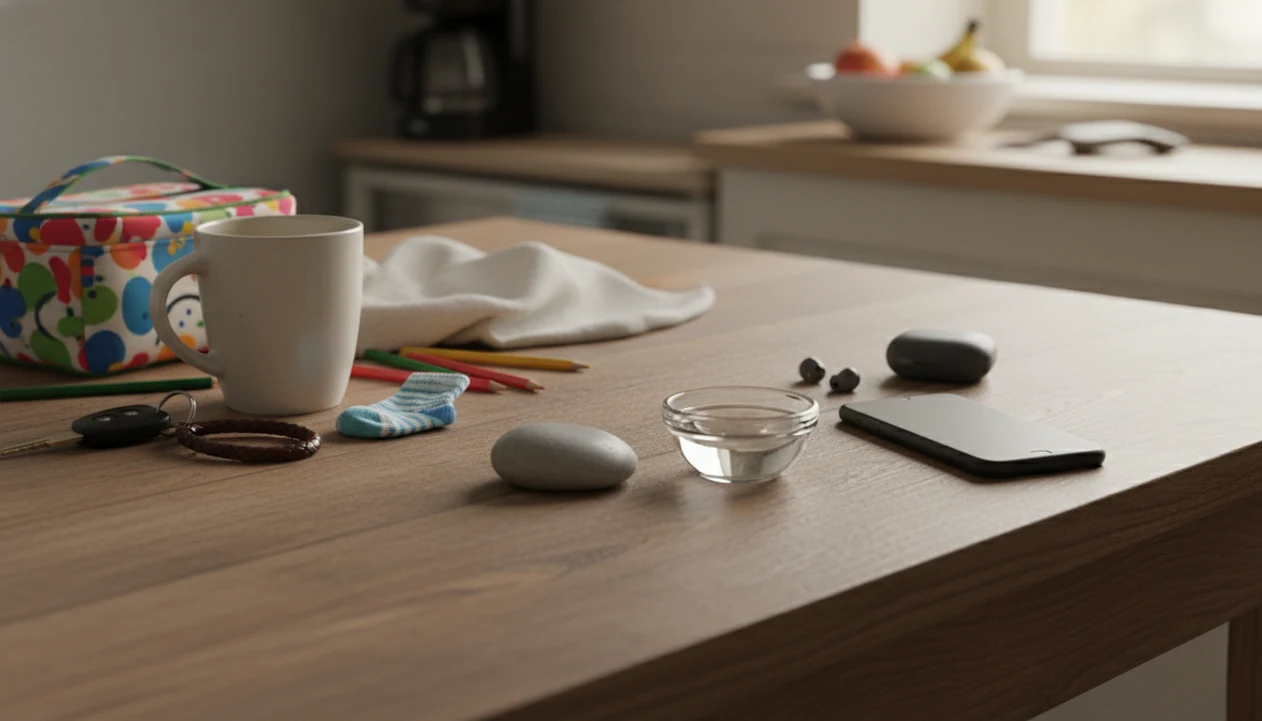 A calm kitchen table still life with parenting clutter, earbuds, and a small reflective bowl of water.