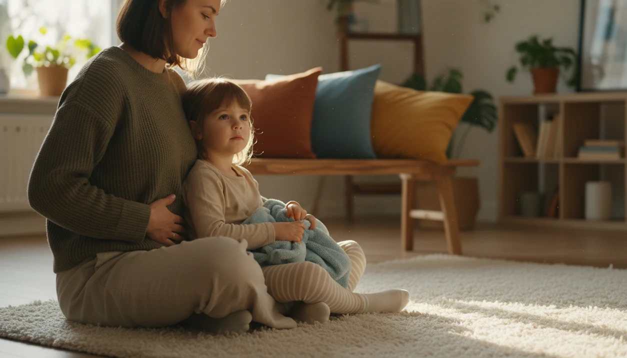 A parent and child sit together on a rug, resting hands on their bellies during a calm breathing practice.