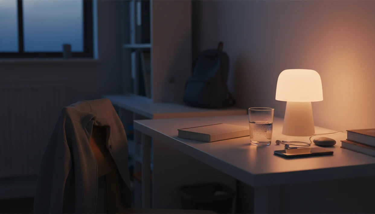 A calm teen bedroom desk at night with a notebook, face-down phone, lamp, water, and school items nearby.