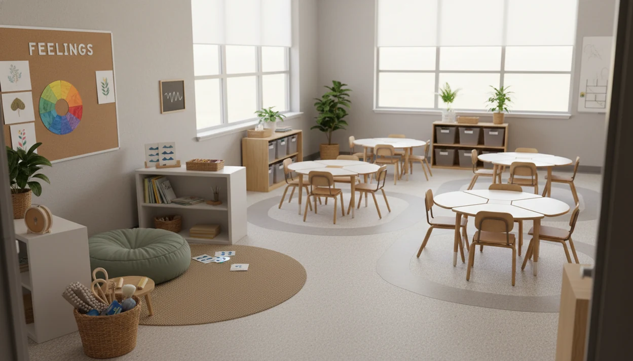 An empty classroom with clear pathways, soft lighting, organized desks, and a calm corner for student resets.