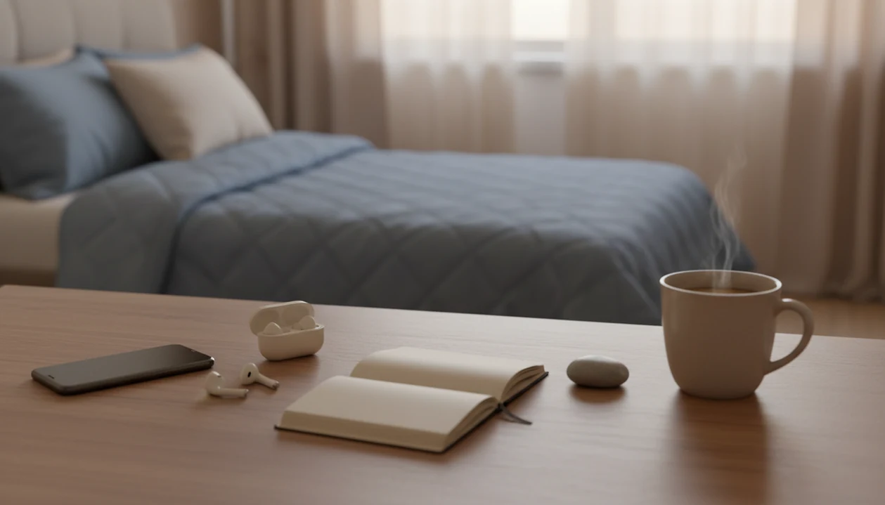 A calm teen bedroom desk with earbuds, a notebook, and a phone face down in soft morning light.