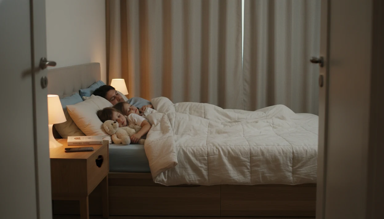 A parent and two children rest quietly in bed while a phone plays audio from the bedside table.