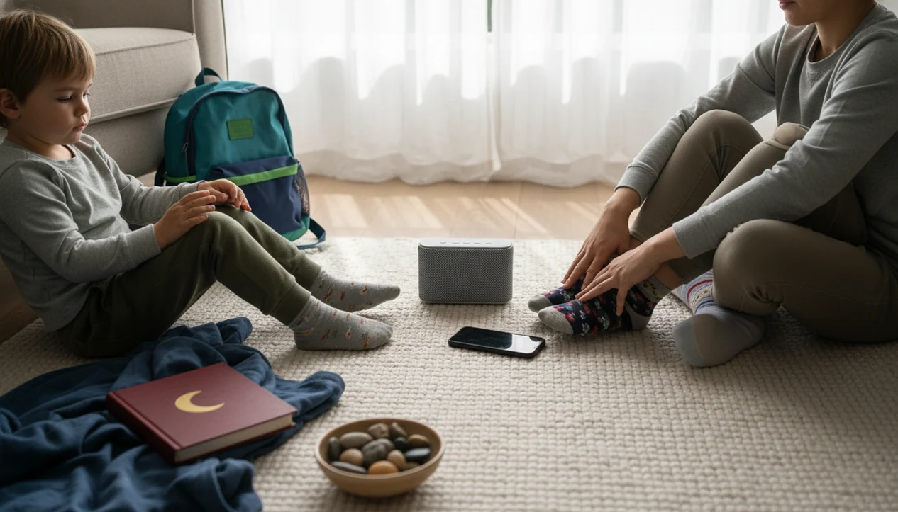 A parent and children gather on a rug around guided audio cues for a calm family routine.