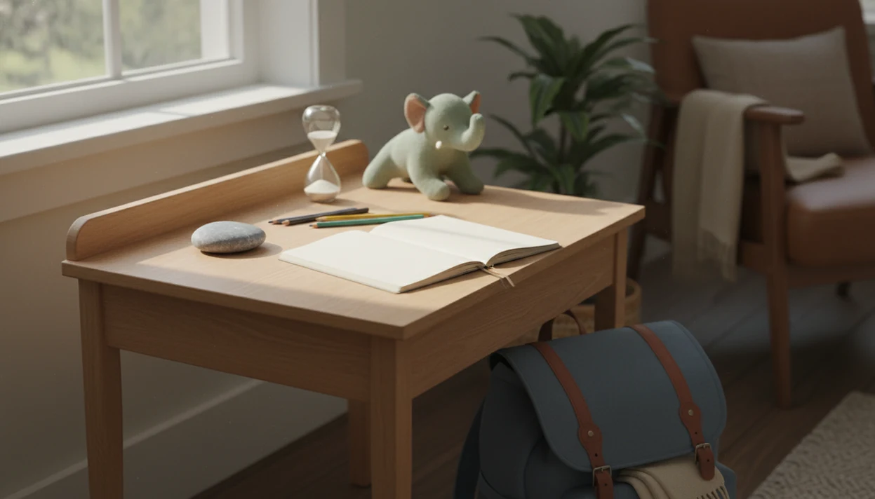 A calm child’s desk with a sand timer, blank notebook, pencils, plush toy, and school bag nearby.