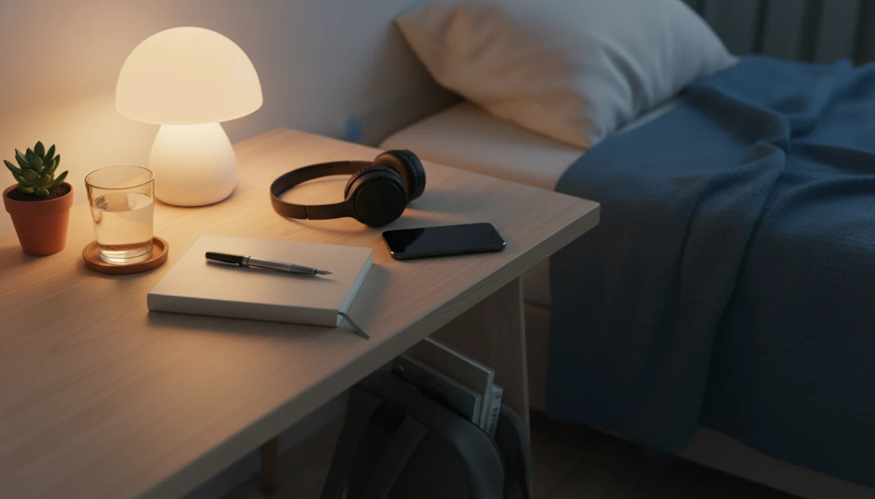 A calm teen bedroom scene with a journal, headphones, plant, and phone face down beside a warm lamp.