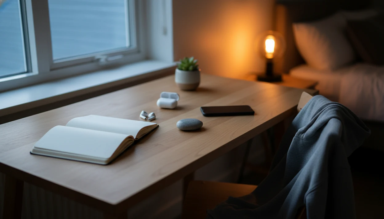 A calm teen study desk with a blank notebook, earbuds, plant, worry stone, and phone face down at dusk.