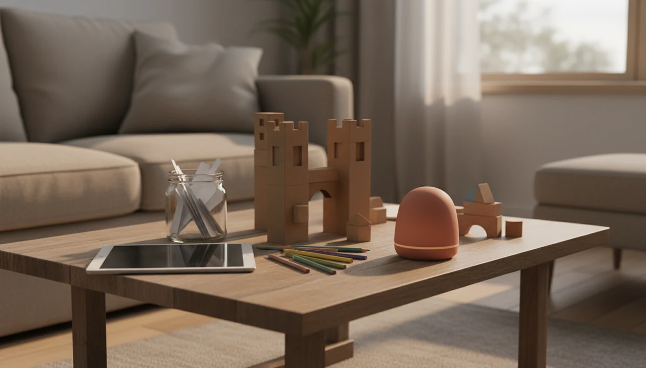 A calm living room table with a face-down tablet, art supplies, blocks, and a boredom jar.