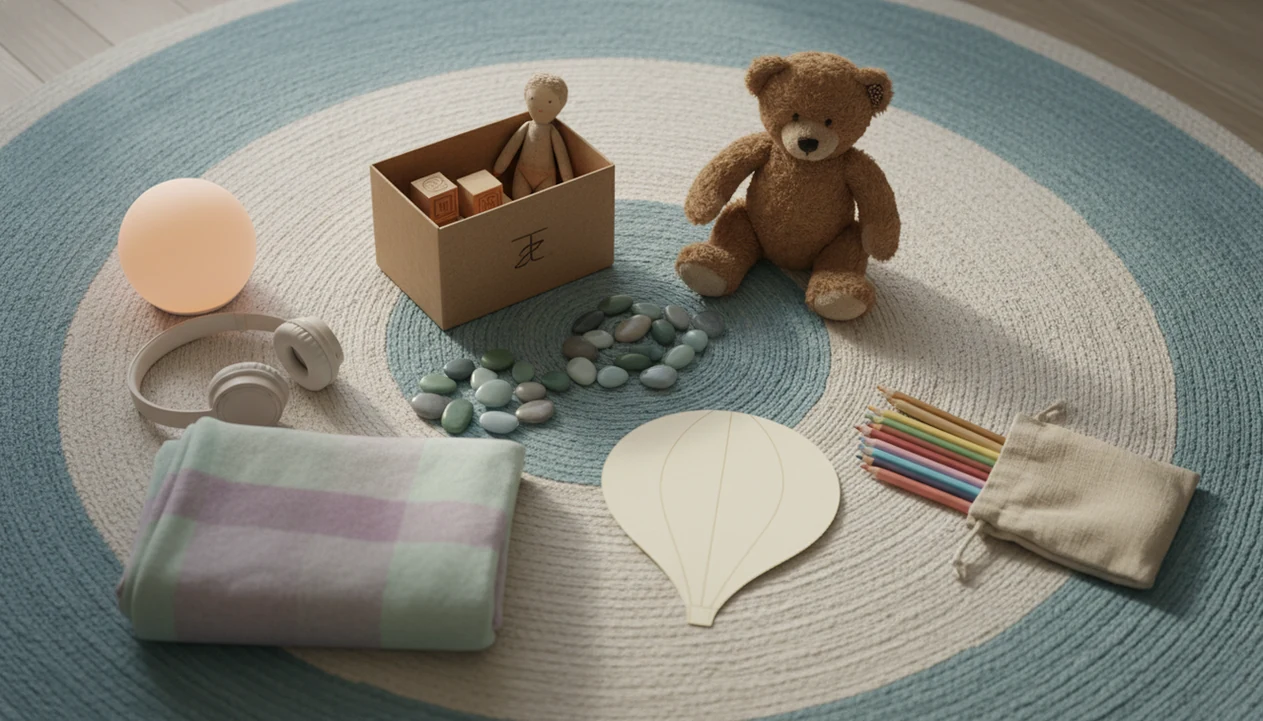 A calm bedroom floor shows toys, worry stones, headphones, and a donation box for a mindful letting-go ritual.