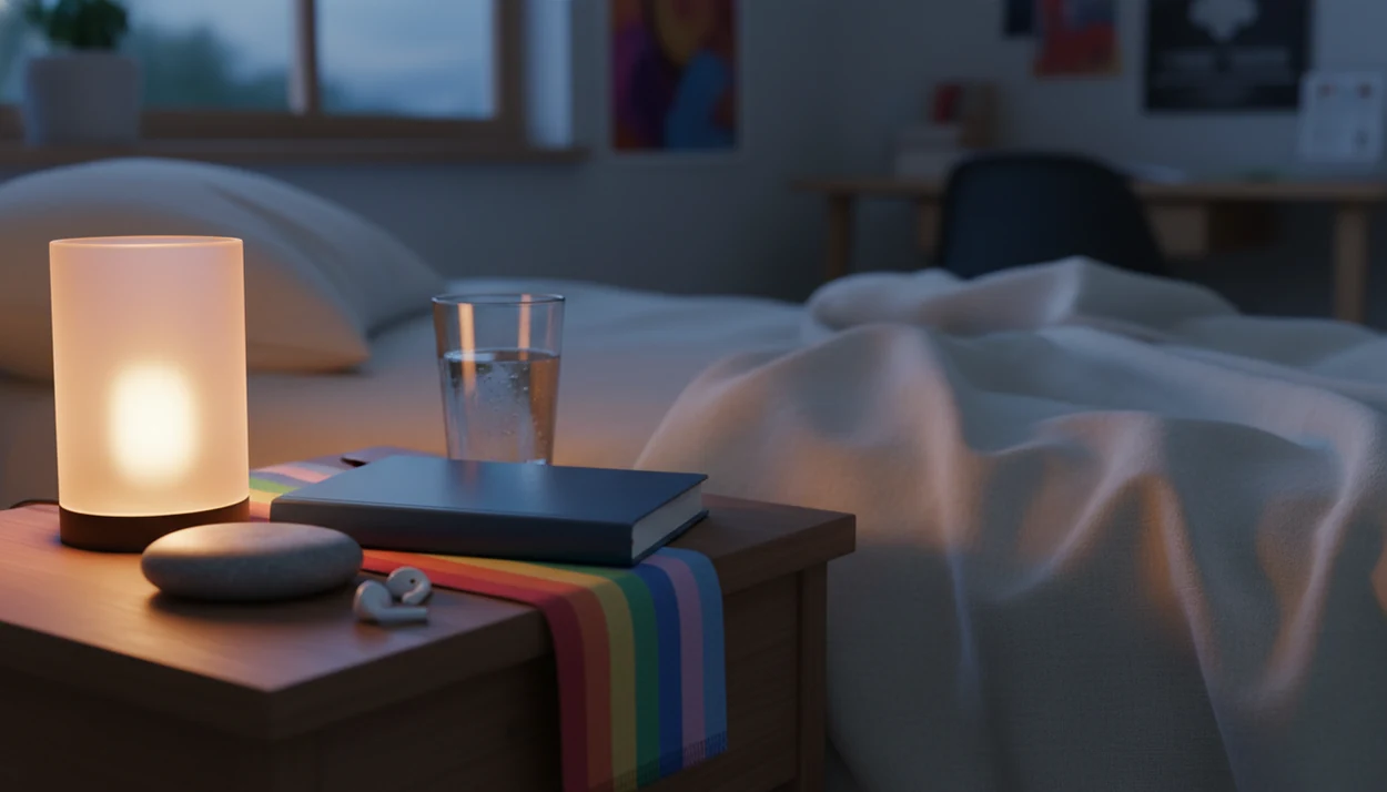 A calm bedside still life with grounding objects, earbuds, and subtle affirming colors at dusk.