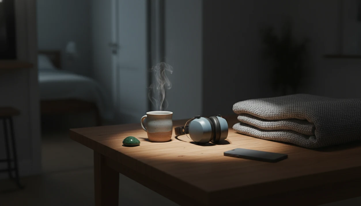 A quiet nighttime table with tea, child headphones, a weighted blanket, and a phone turned face down.