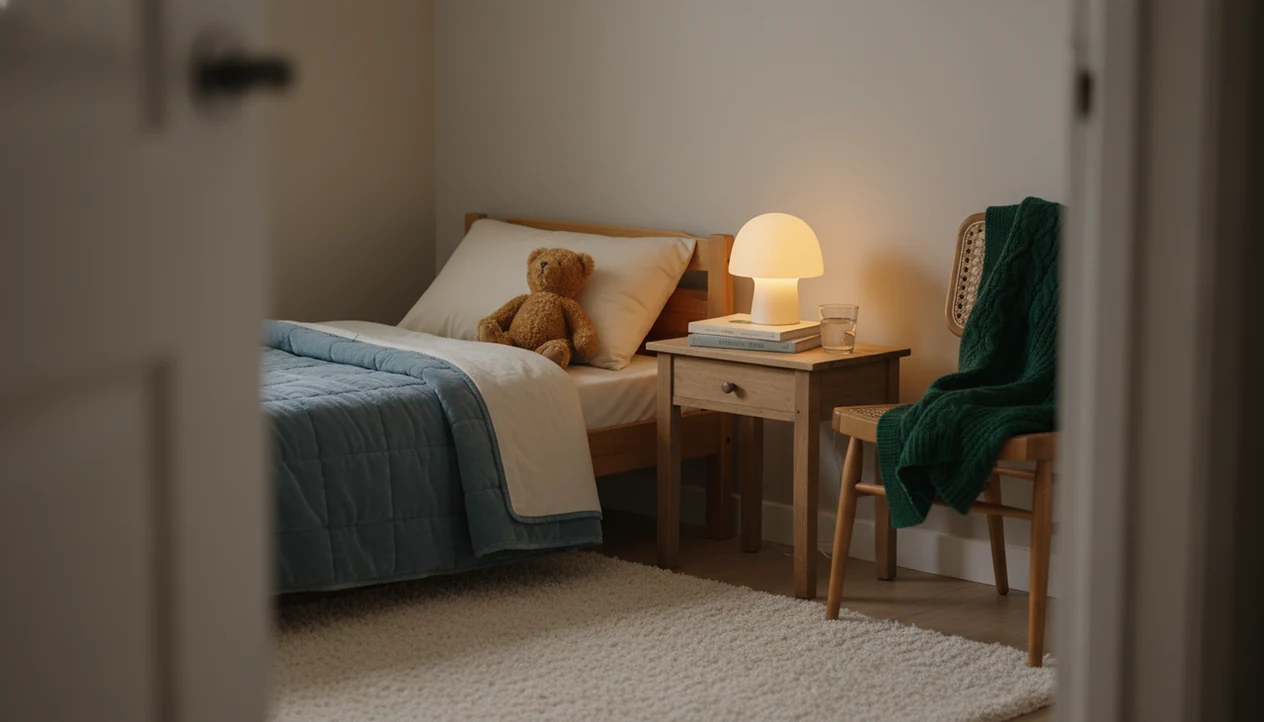 A peaceful child’s bedroom with a teddy bear, nightlight, books, and a caregiver’s cardigan nearby.
