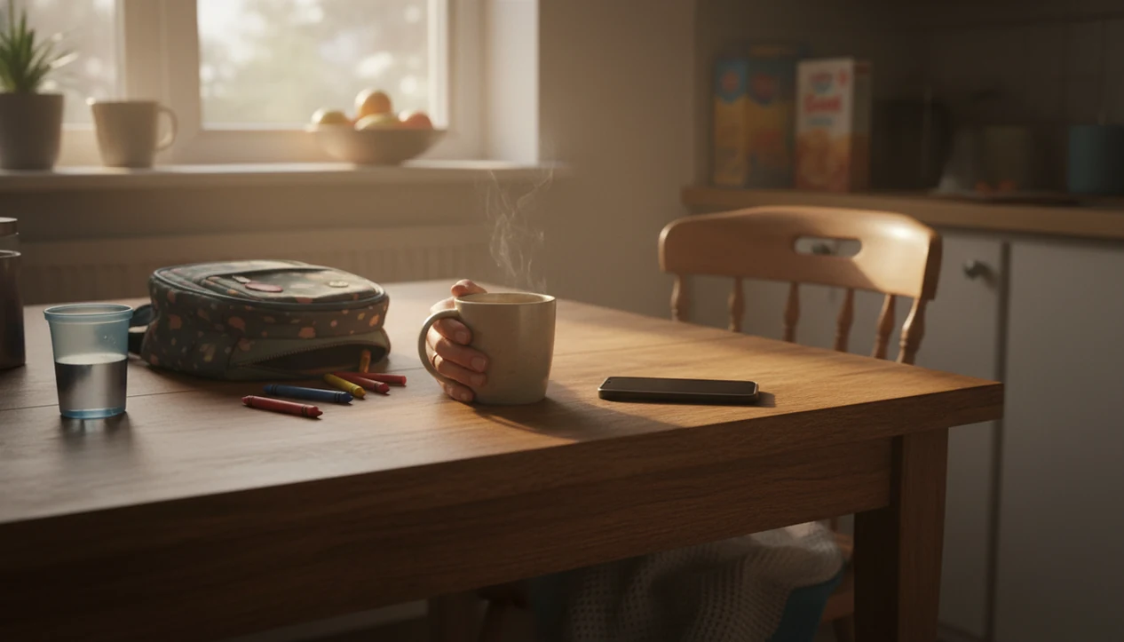 A calm kitchen table scene with a mug, backpack, crayons, and resting hands after a busy parenting morning.