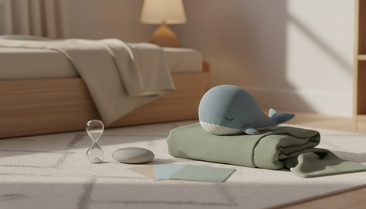 A calm bedroom corner with grounding objects, a plush toy, and a timer for a short mindfulness routine.