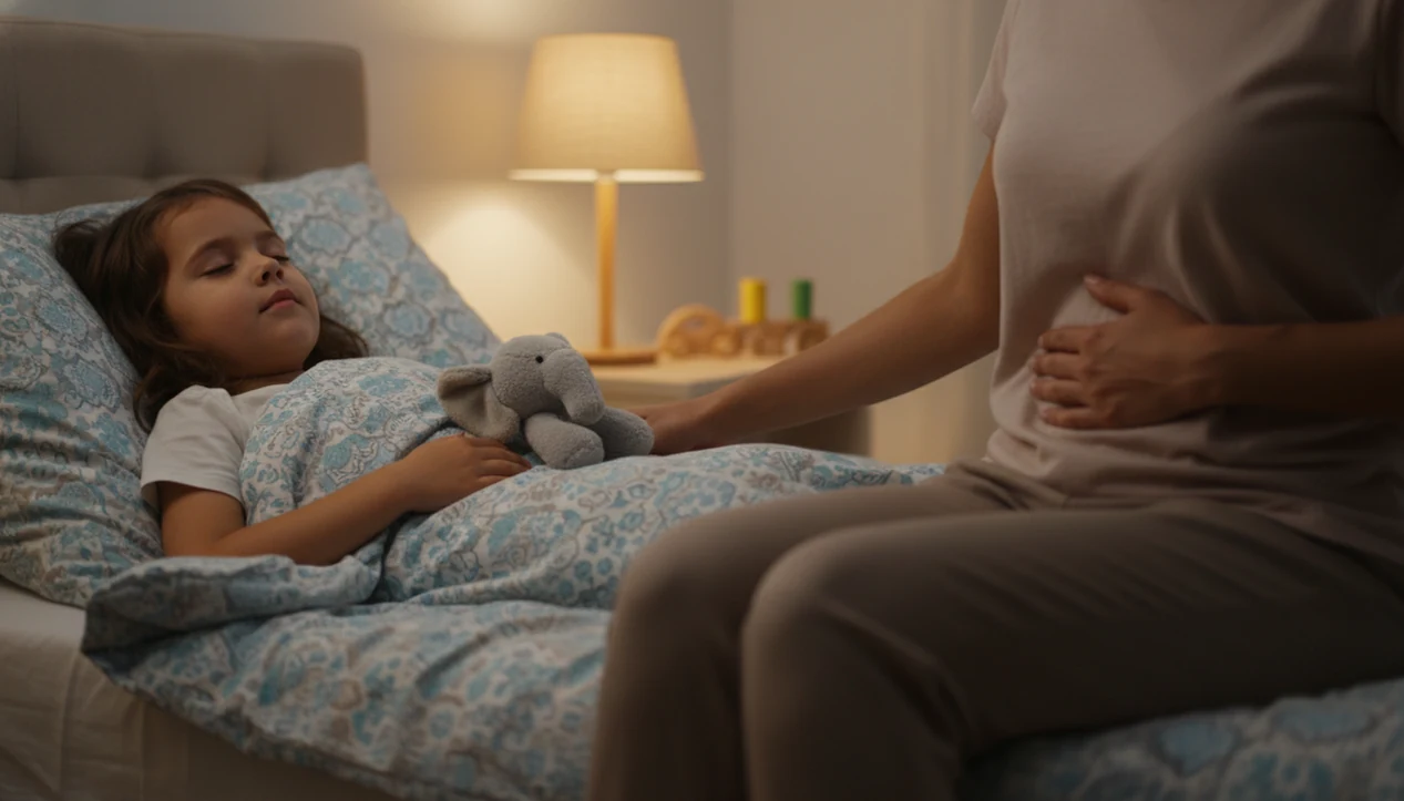 A parent guides a child through calm belly breathing with a stuffed animal at bedtime.