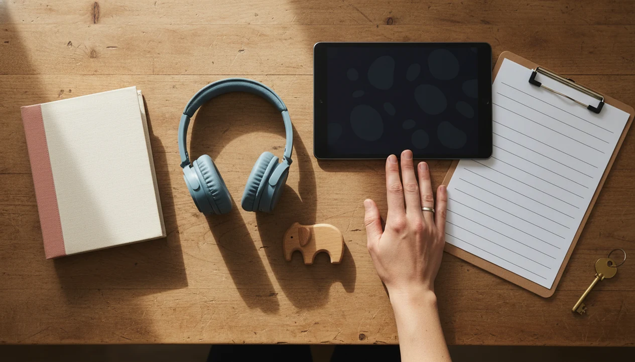 A parent reviews a child’s headphones and tablet on a table with privacy and supervision cues nearby.