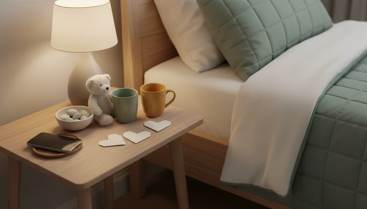 A cozy bedside kindness ritual with blank paper hearts, pebbles, a plush toy, and warm evening light.