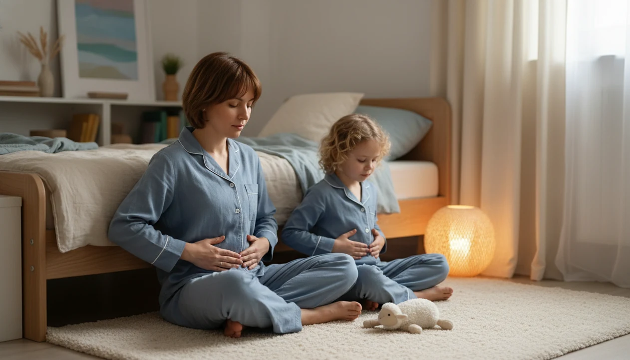 A parent and child sit on a bedroom rug practicing calm belly breathing before bedtime.