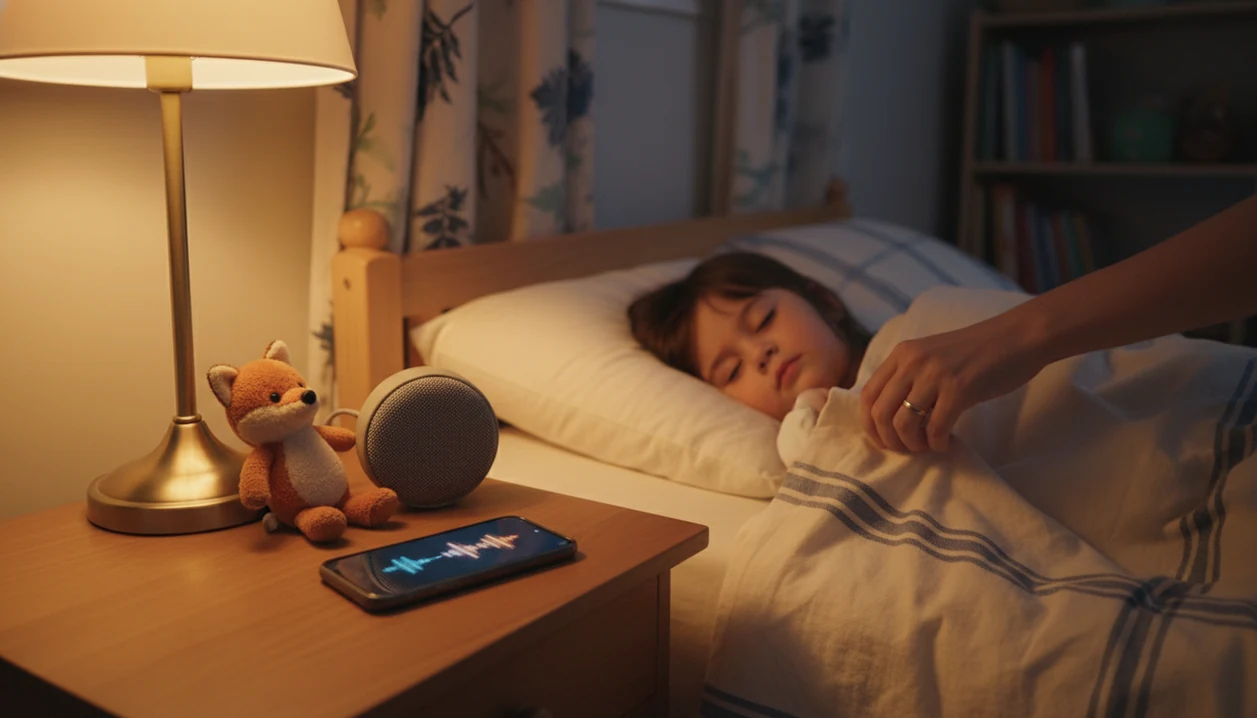 A child rests in bed while a parent tucks the blanket beside a phone and speaker on the nightstand.