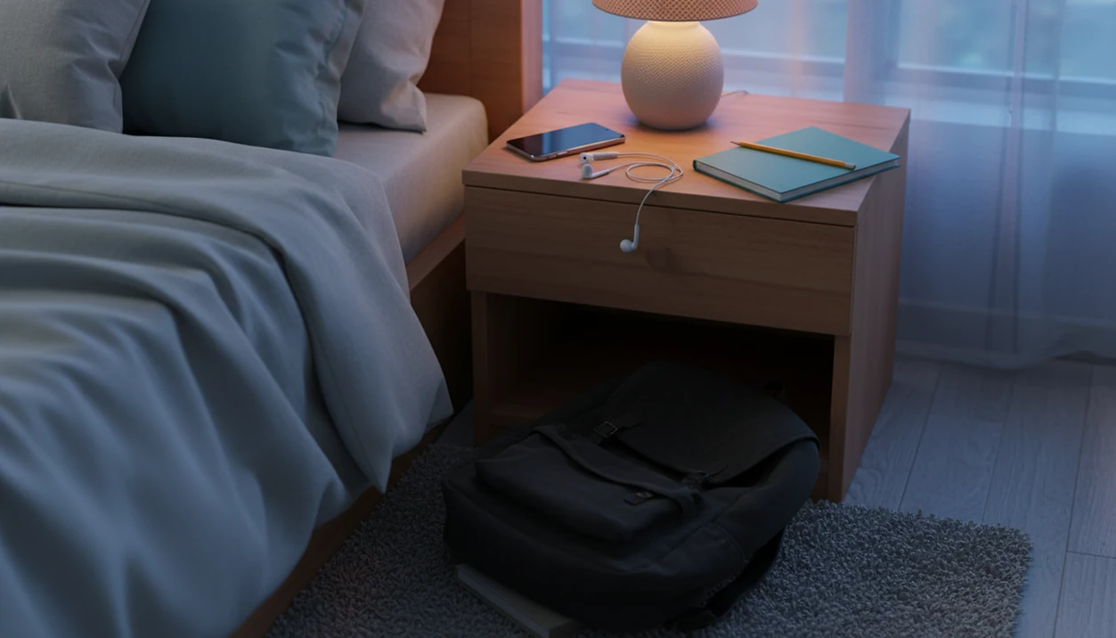 A teen’s bedside table with a face-down phone, earbuds, notebook, and warm lamp light at bedtime.