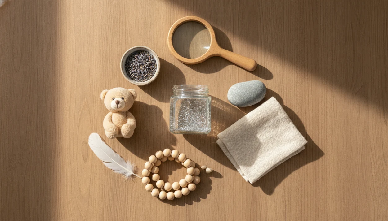 A calm sensory activity setup with glitter jar, soft fabric, stone, lavender, feather, and plush toy.