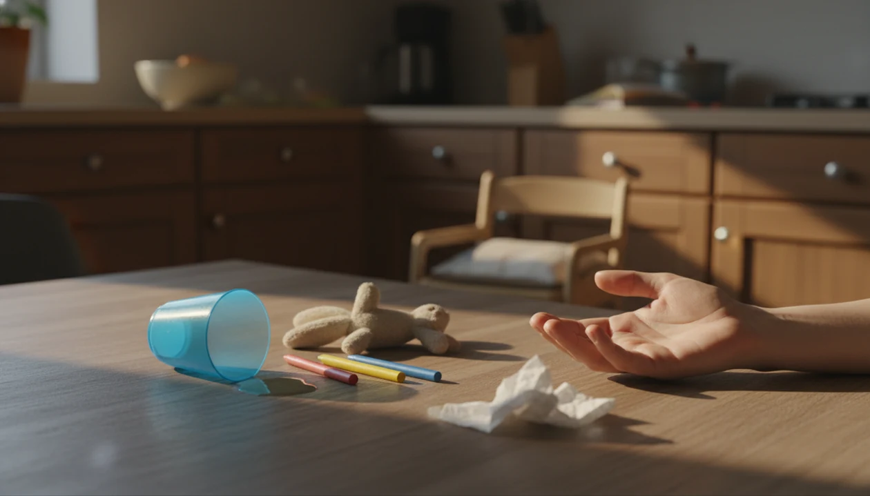 An open adult hand rests near scattered child items, suggesting a calm pause before reacting.