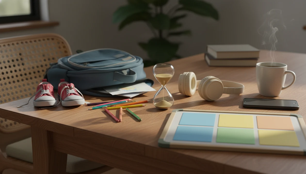A calm family table with school items, a sand timer, headphones, and a face-down phone.