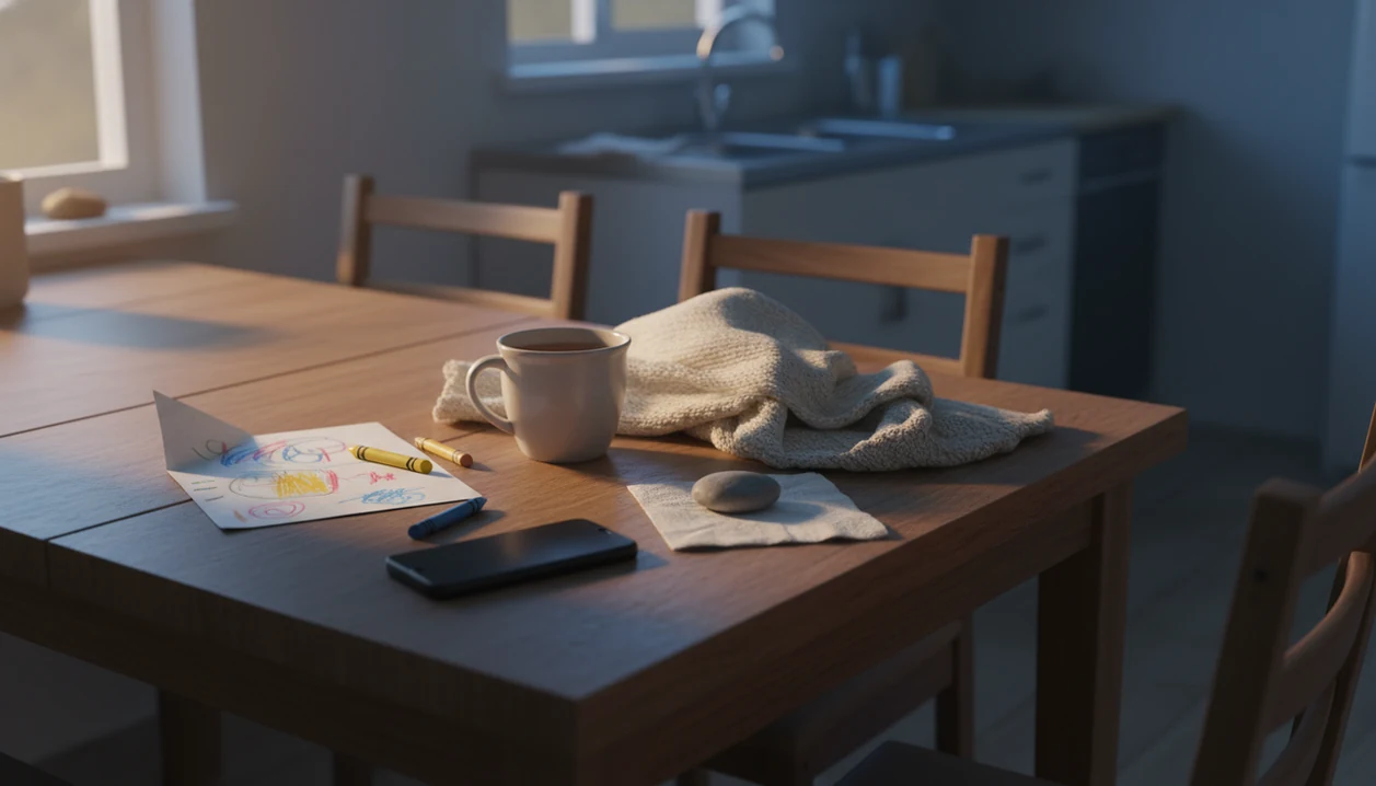 A calm kitchen table still life with crayons, tea, a blanket, and a grounding stone at dusk.