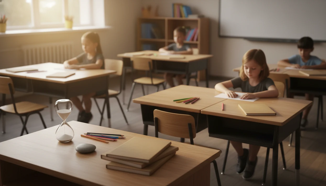 A calm classroom with desks, notebooks, a sand timer, and students blurred in the background.