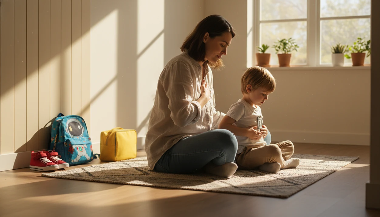 A parent and child pause for a calm breathing moment beside school bags in a sunlit entryway.