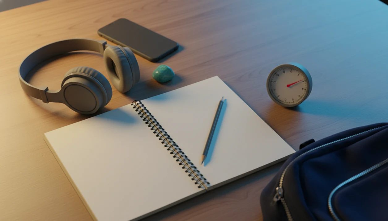A calm middle school homework desk with a notebook, headphones, timer, backpack, and worry stone at dusk.