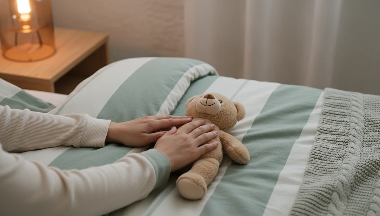 A child and adult practice teddy-belly breathing on a cozy bed without showing their faces.
