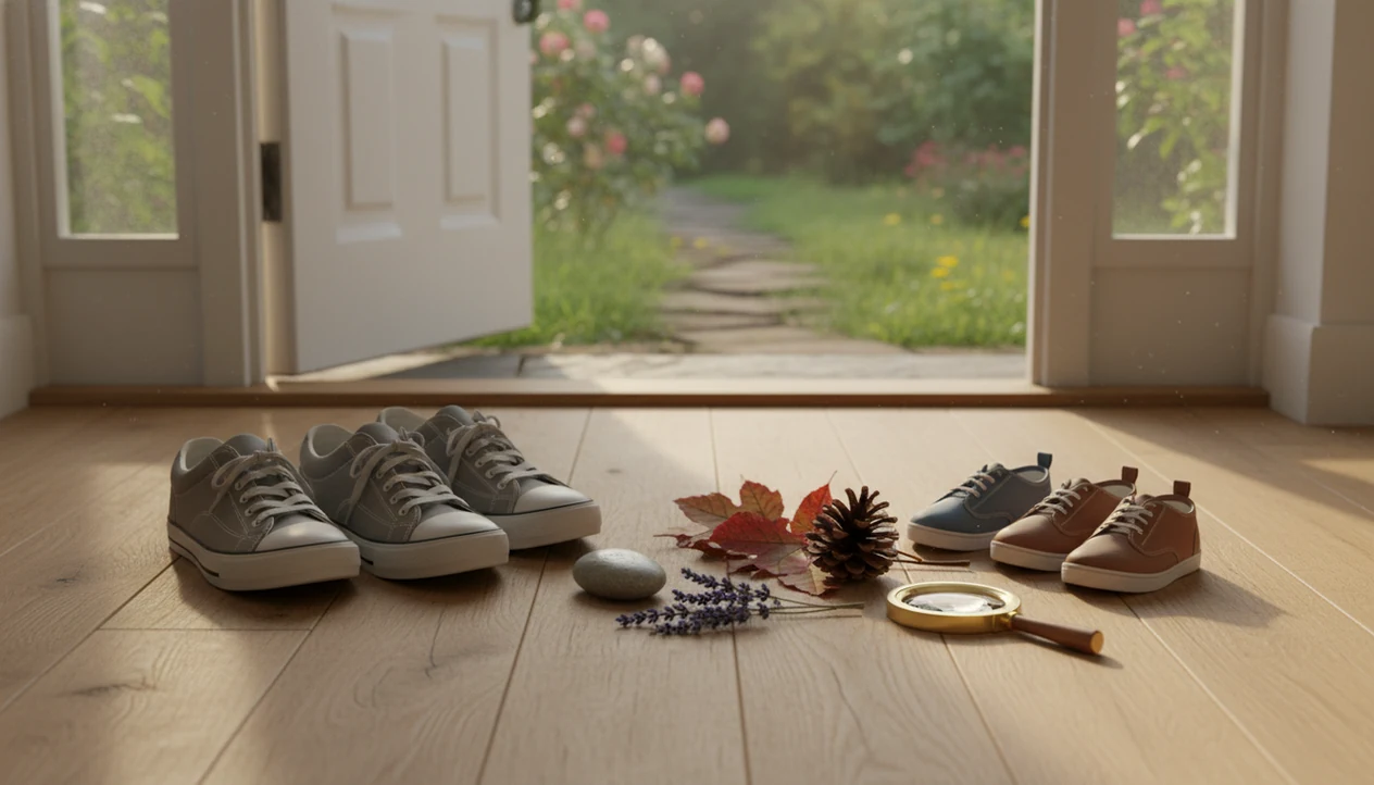 Family shoes by an open garden door with leaves, stones, and a pinecone ready for a mindful walk.