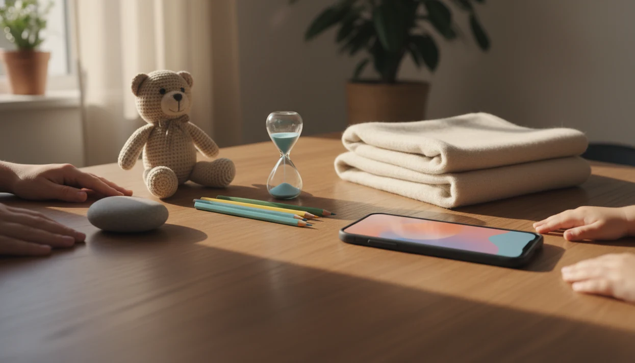 A calm family mindfulness setup with a stone, sand timer, blanket, pencils, toy, and phone on a wooden table.