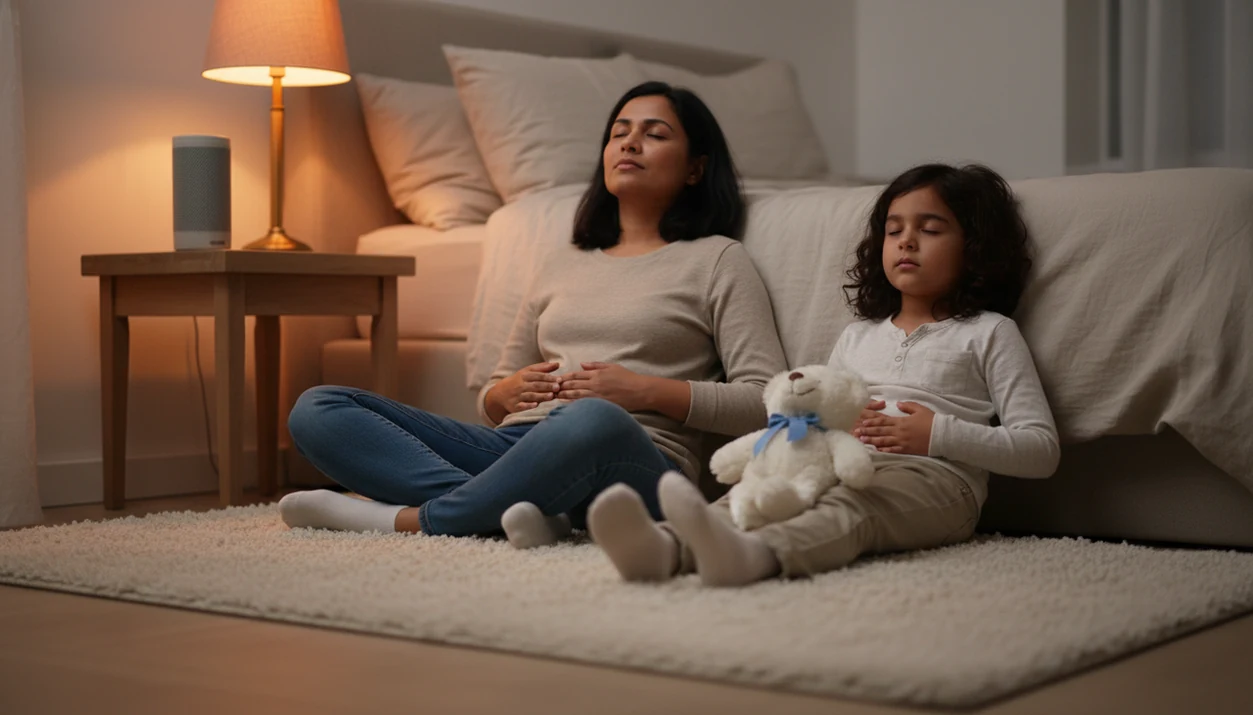 A parent and child sit on a bedroom rug with hands on their bellies, calmly breathing together.