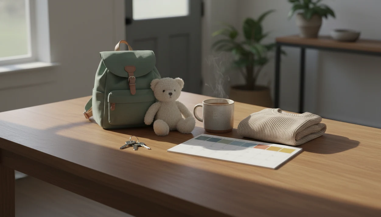 A calm kitchen table scene with a child’s backpack, stuffed animal, keys, and routine items.