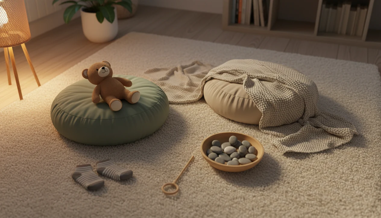 A cozy living room mindfulness setup with cushions, a stuffed animal, stones, and soft evening light.