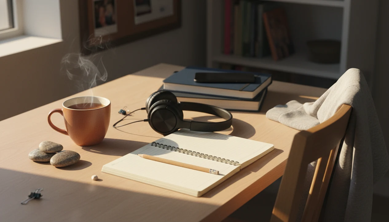 A calm teen desk with headphones, a blank notebook, tea, stones, and a phone turned face down.